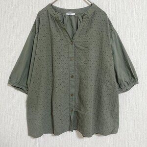 Scripe Embroidered Floral 3/4 Sleeve Skipper Blouse Olive Green Size M